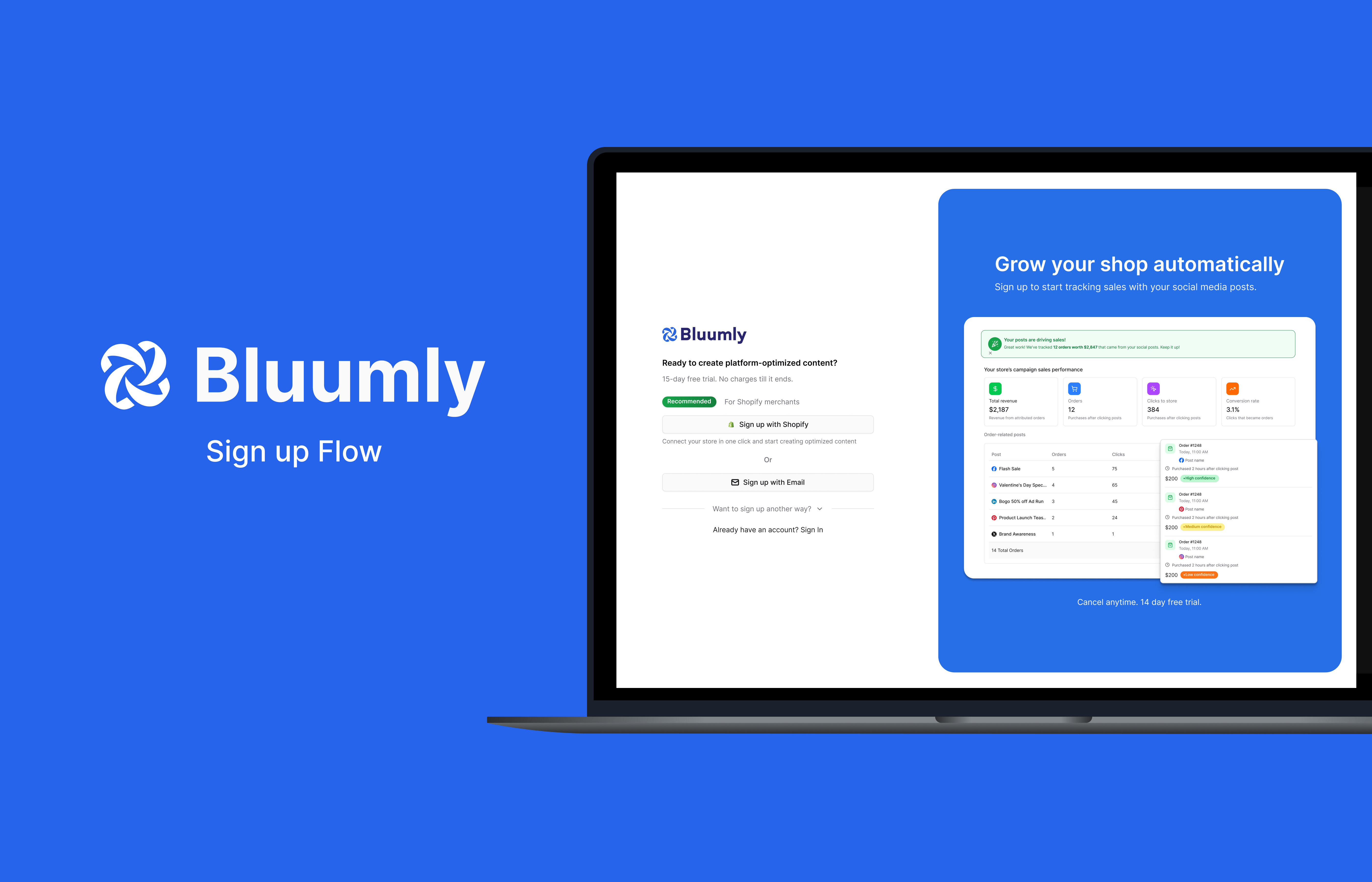 Bluumly sign up flow shown on a laptop, with the sign-up screen and a dashboard panel reading 'Grow your shop automatically'