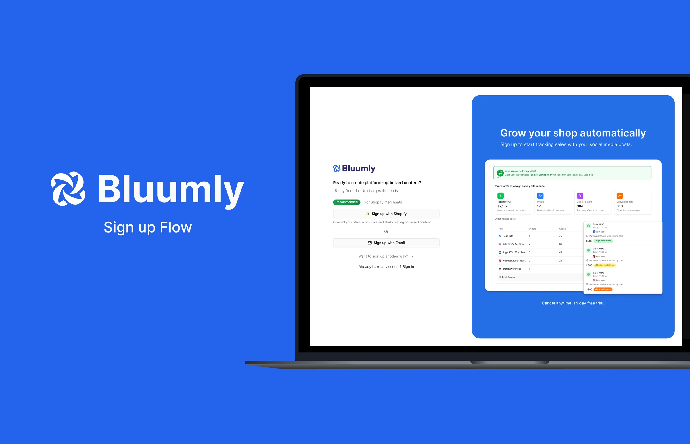 Bluumly sign up flow shown on a laptop