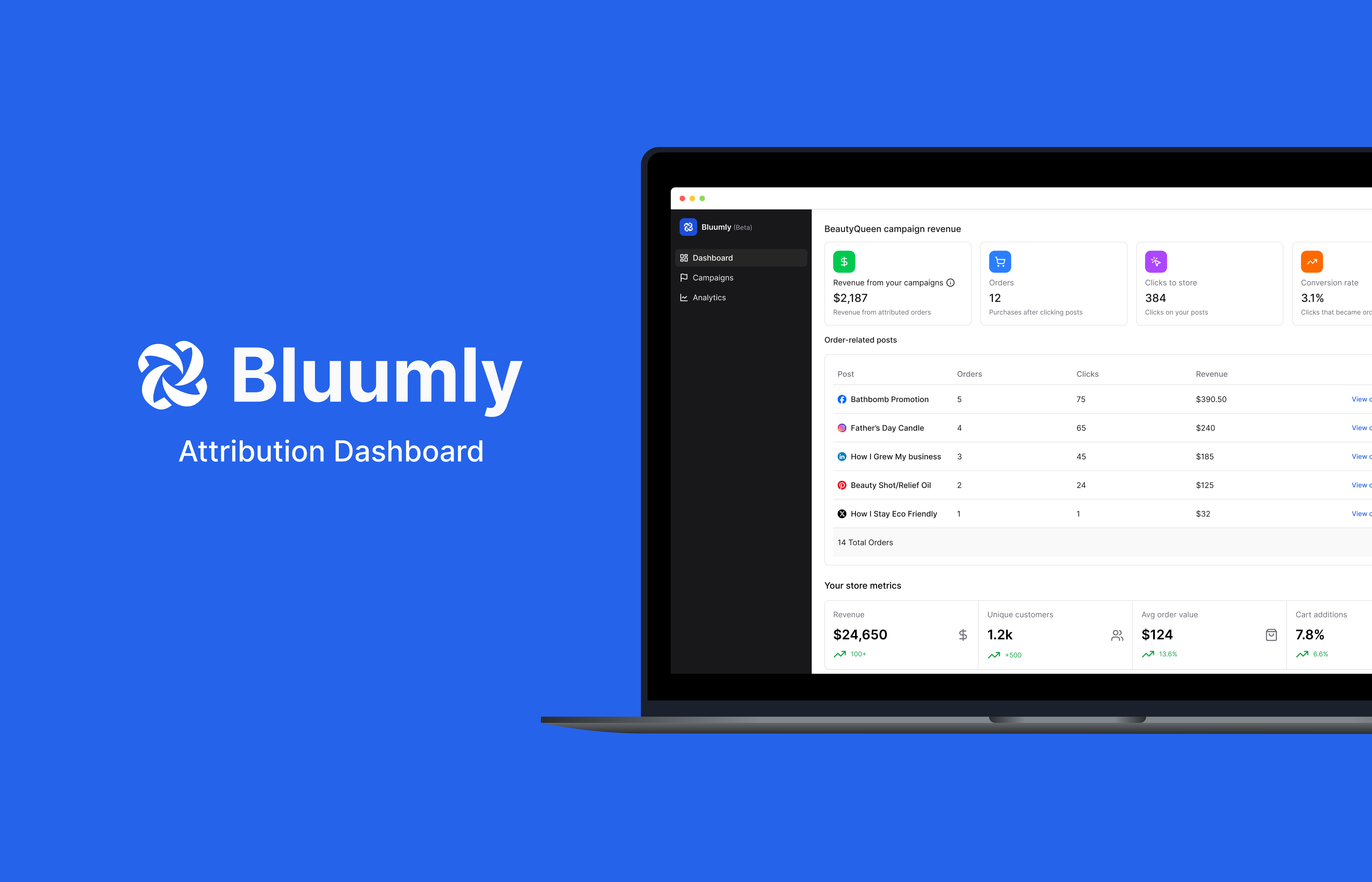 Laptop mockup reading 'Bluumly Attribution Dashboard' next to a screenshot of the dashboard showing campaign revenue and order-related posts