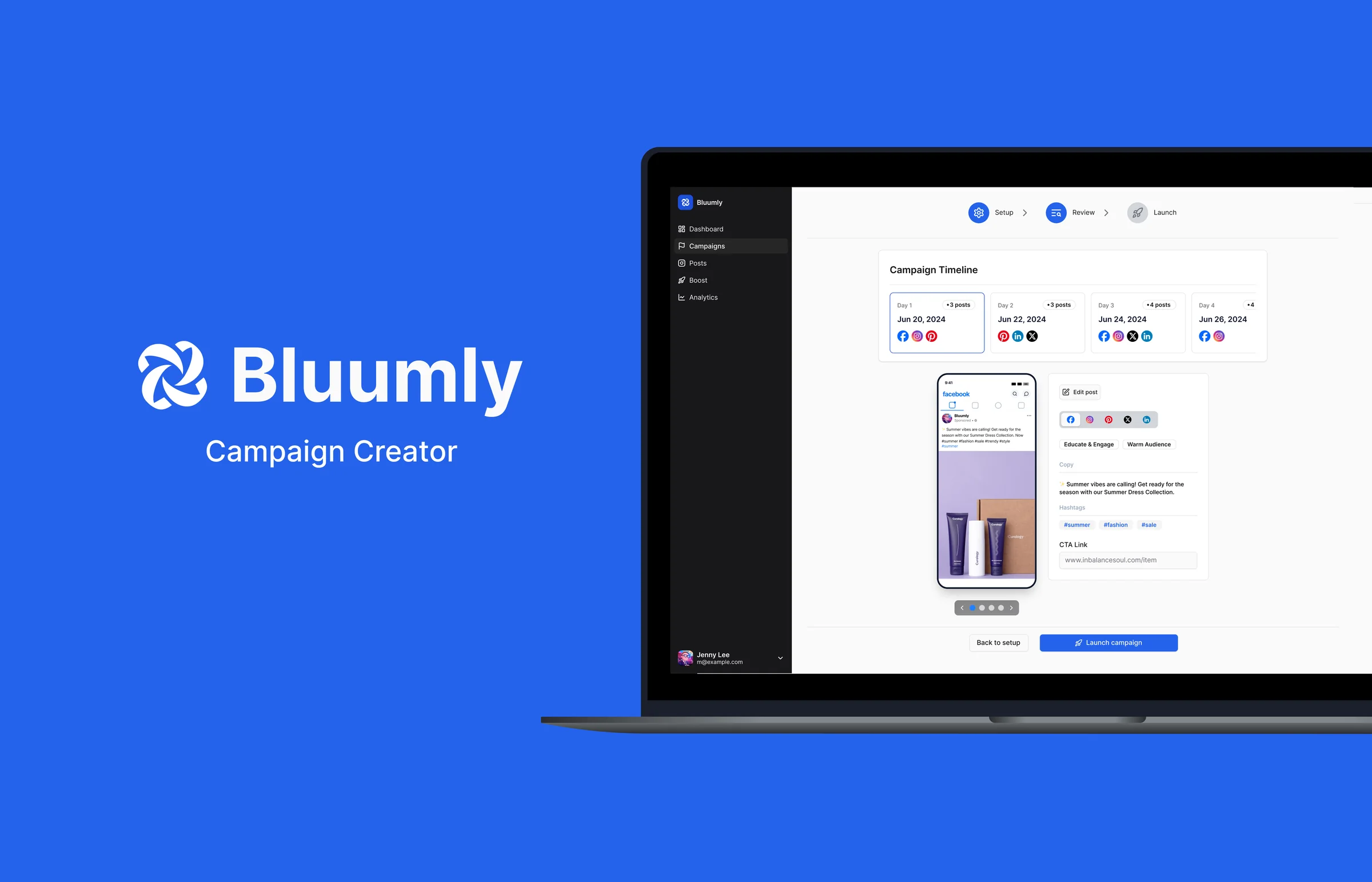 Bluumly Campaign Creator shown on a laptop