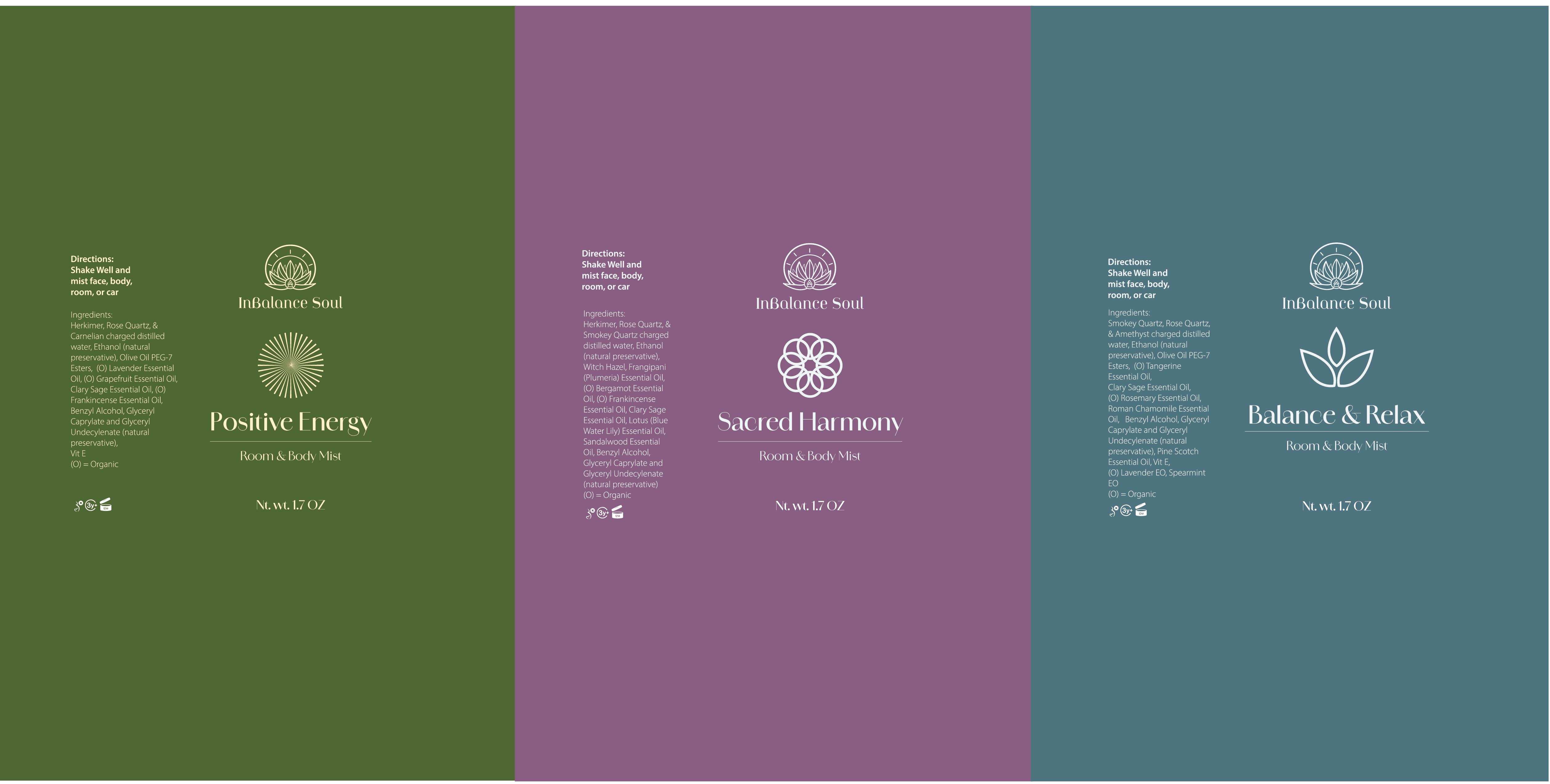 Final label dielines for Positive Energy, Sacred Harmony, and Balance & Relax, shown in green, purple, and blue colorways with ingredient and directions copy