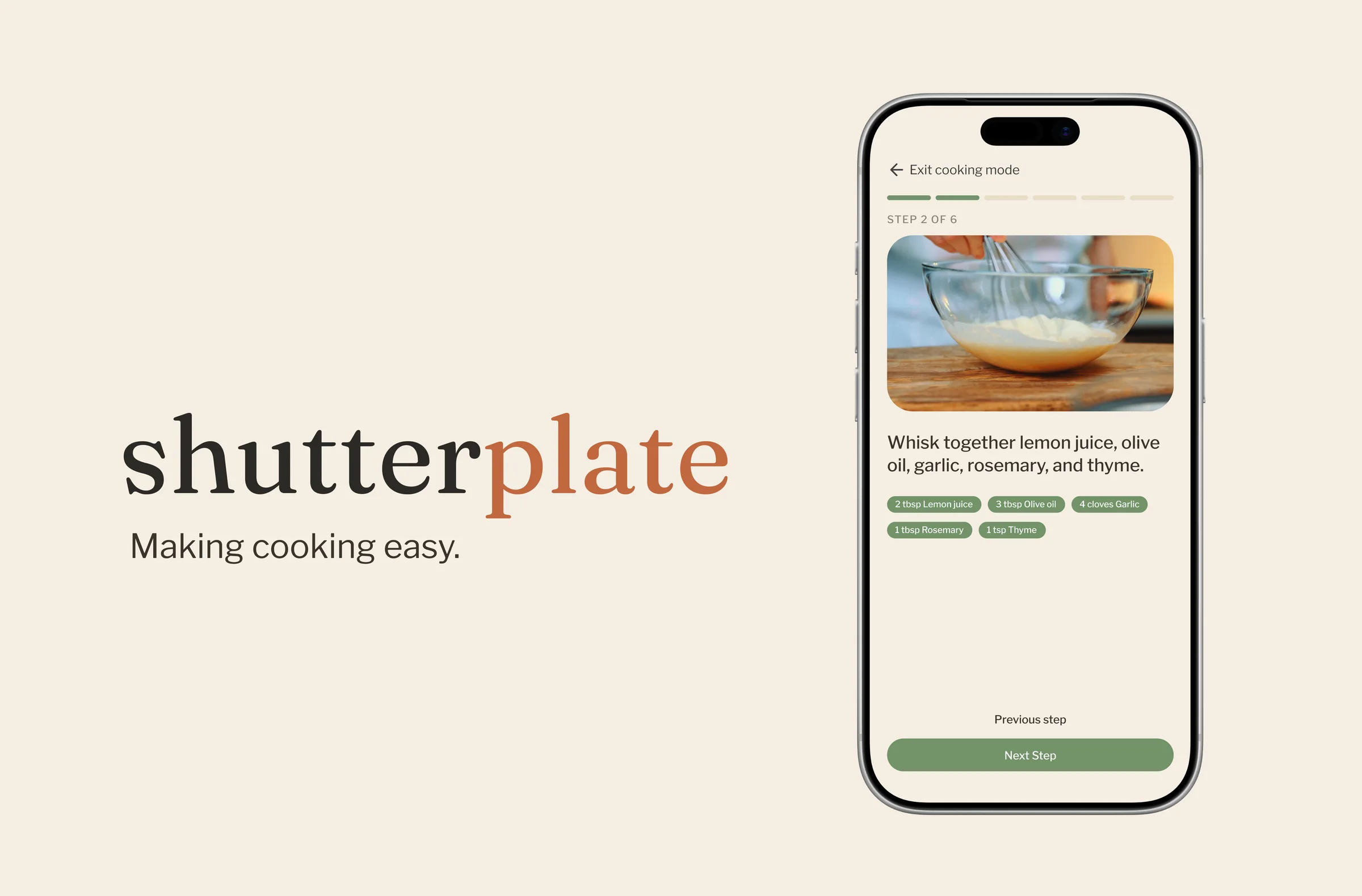 ShutterPlate wordmark alongside a phone showing the cooking mode step screen