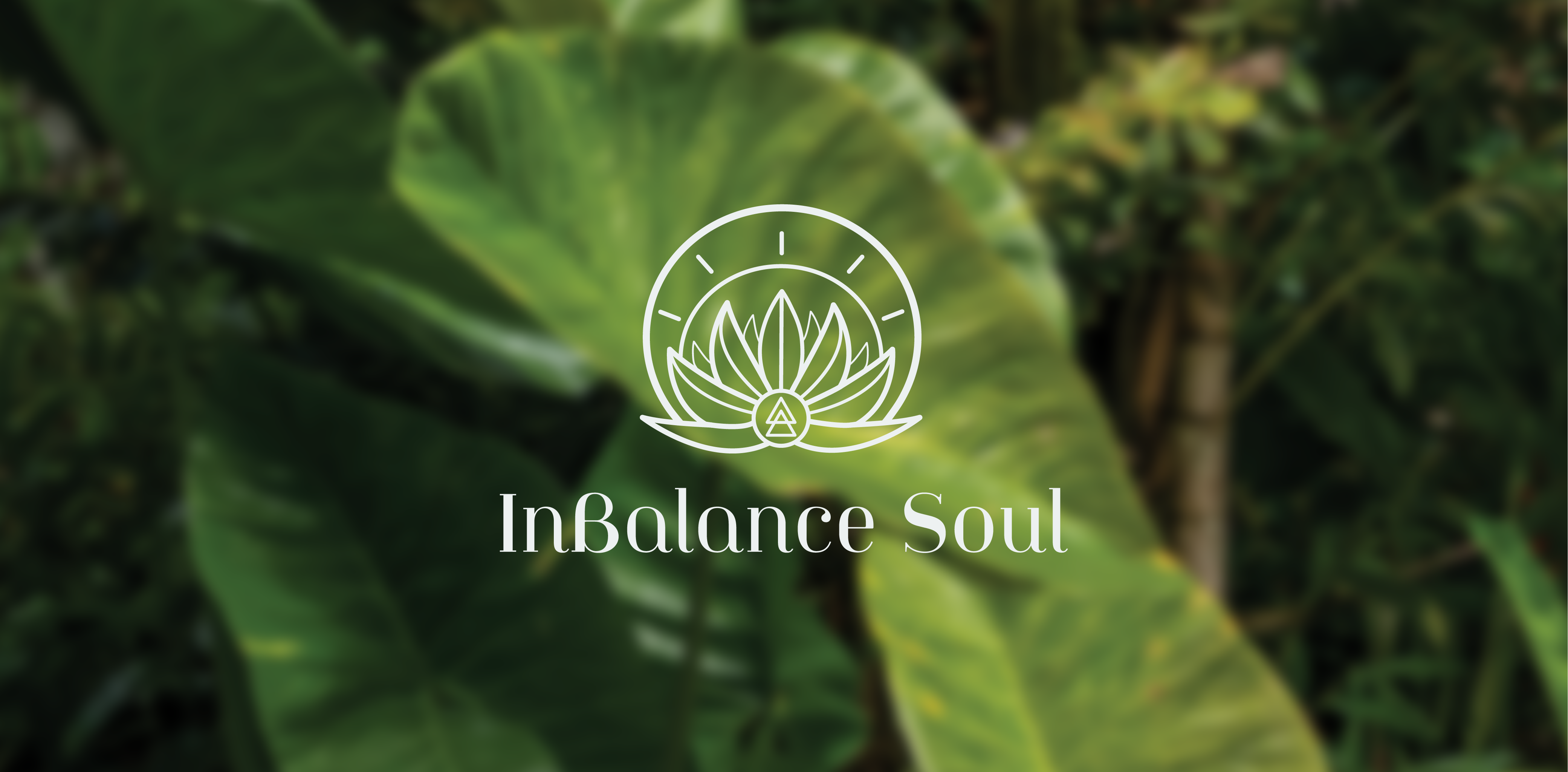 InBalance Soul logo, a lotus flower mark inside a sunburst circle, over a blurred green plant background