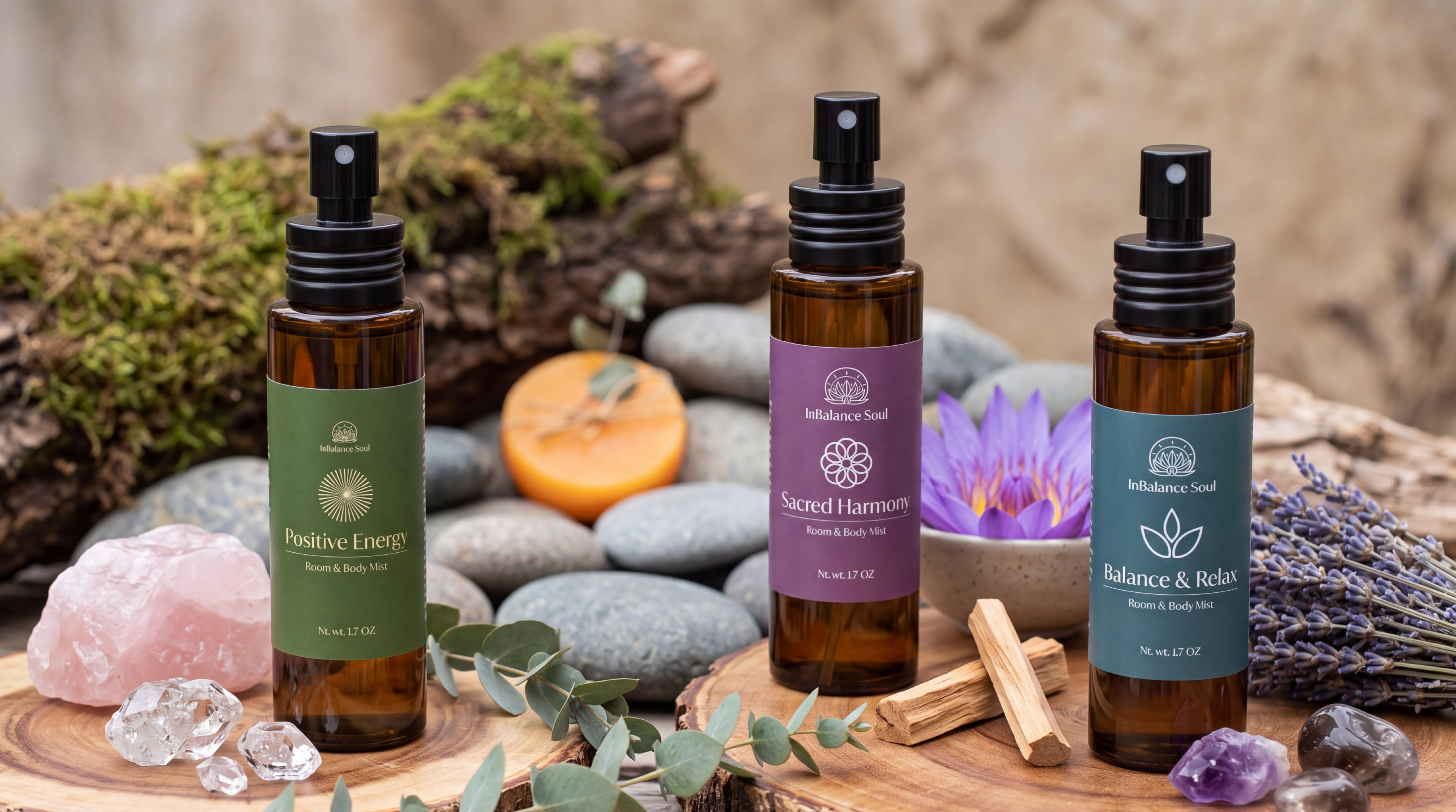 All three InBalance Soul mist bottles — Positive Energy, Sacred Harmony, and Balance & Relax — grouped together on a wood slab with crystals, eucalyptus, palo santo, and lavender