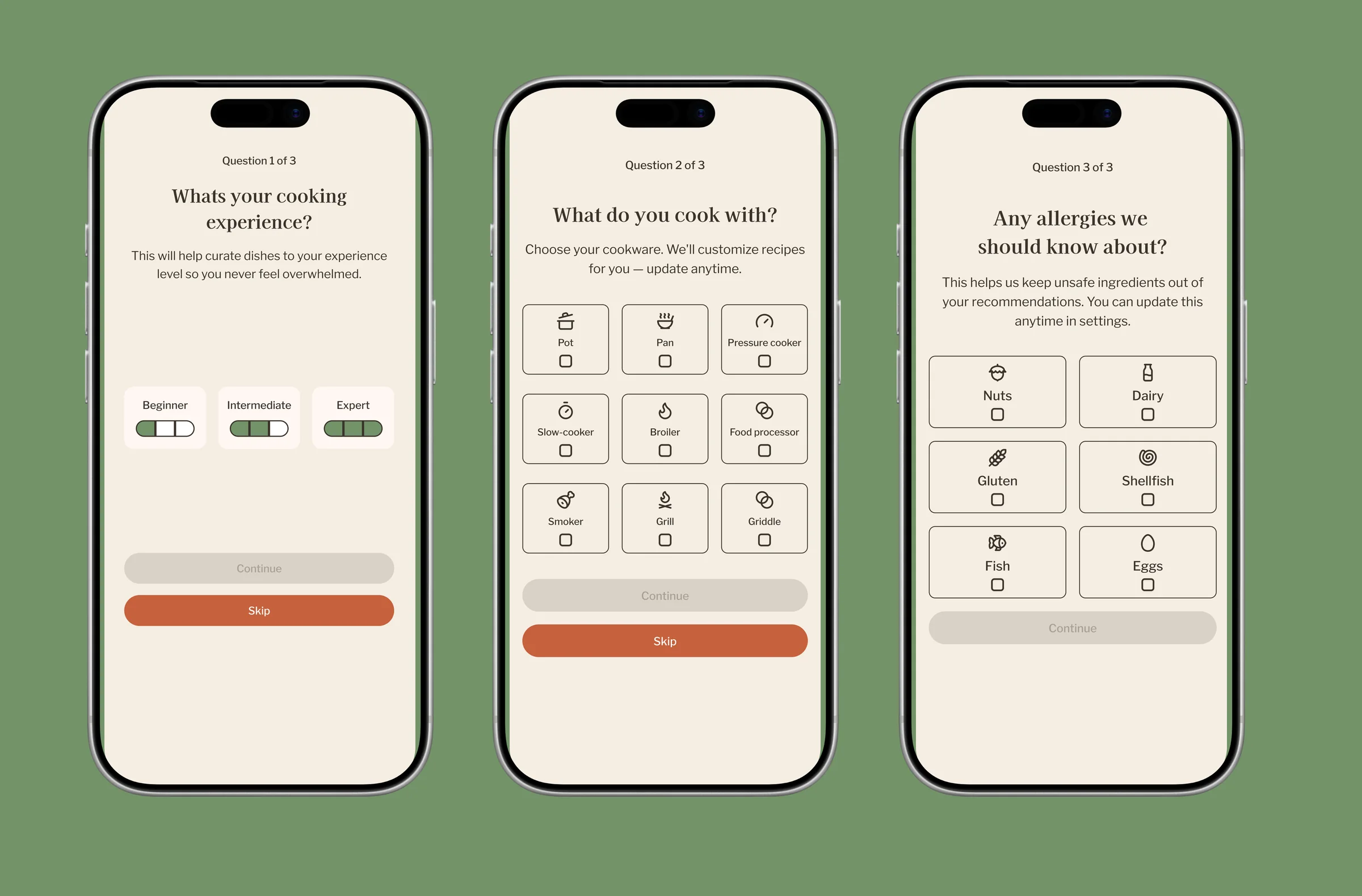 Three ShutterPlate onboarding screens: cooking experience selection with toggle switches, cookware selection with a 3x3 grid, and allergy selection with no skip option