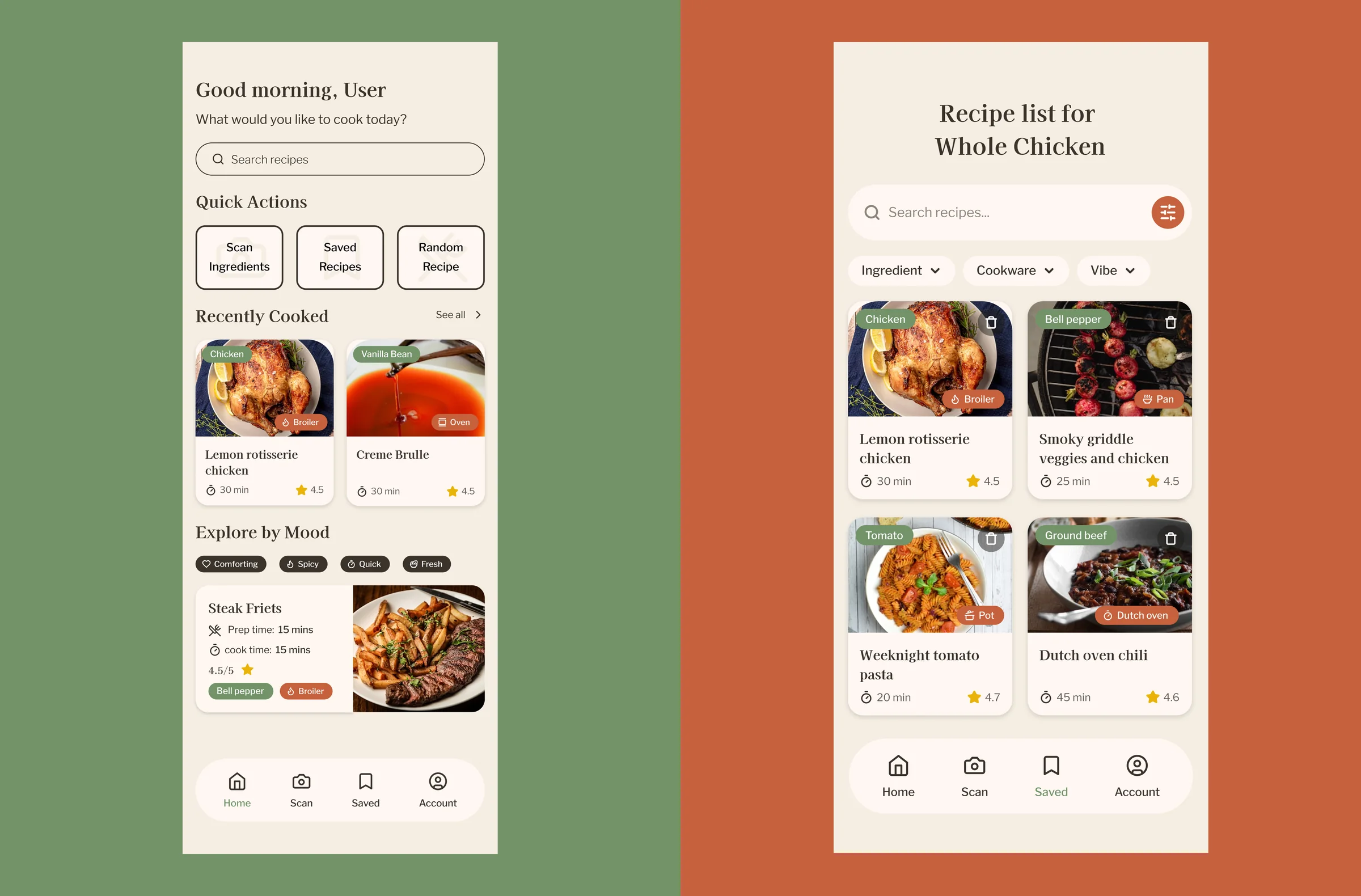 ShutterPlate home screen showing Quick Actions and Explore by Mood sections, alongside the Recipe List screen filtered by whole chicken