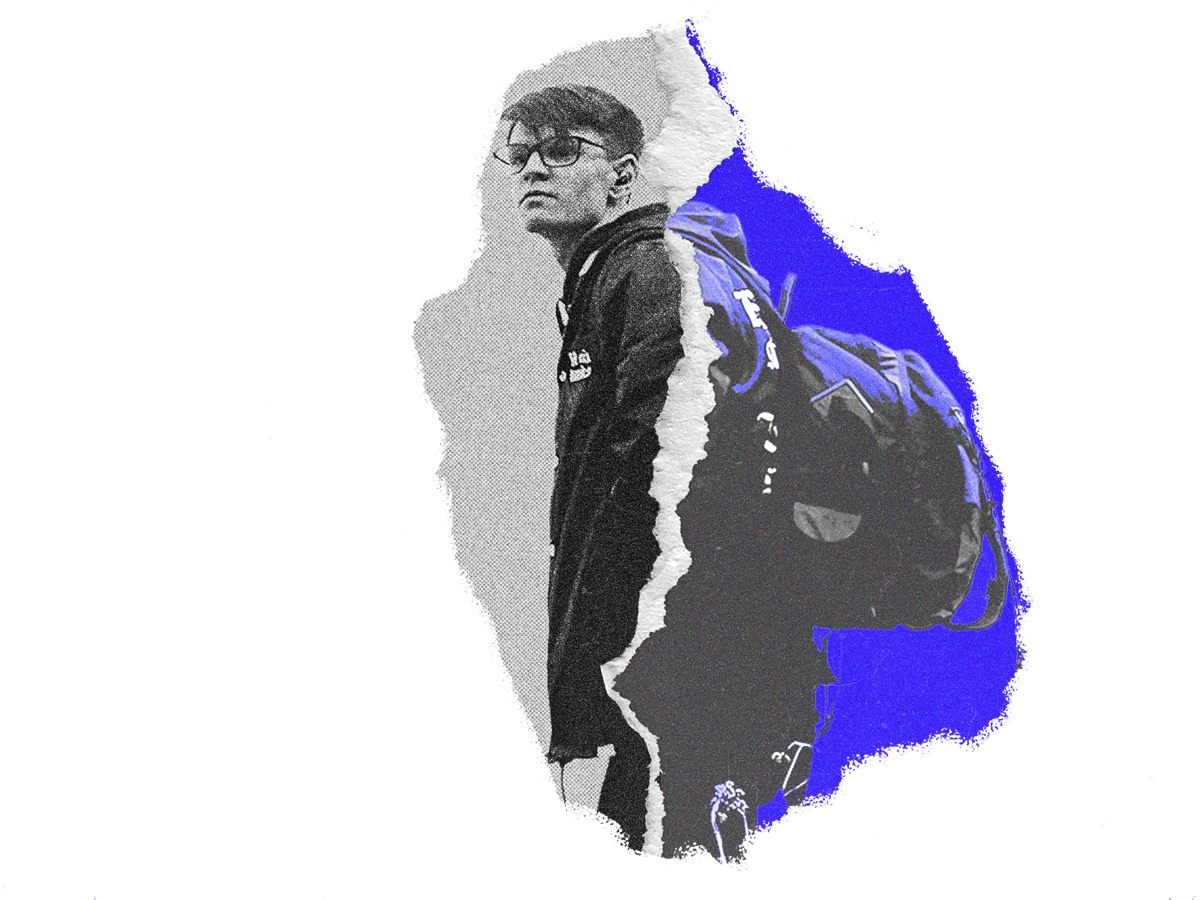 Portrait of Josh Sinkinson wearing glasses and a backpack, in a half-tone black-and-white and blue duotone treatment